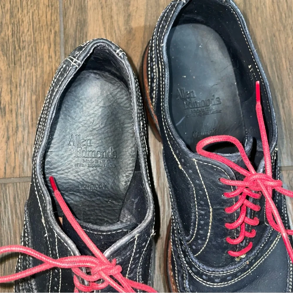 Allen Edmonds Neumok Mens Navy Leather Wingtip Oxford Shoes Red Lace 8